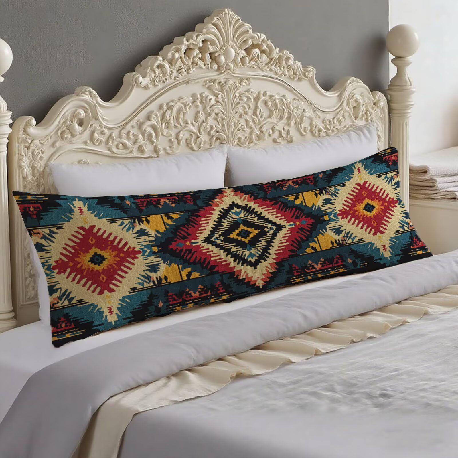 Taie traversin 140 cm double face velours bohème housse de coussin avec fermeture éclair
