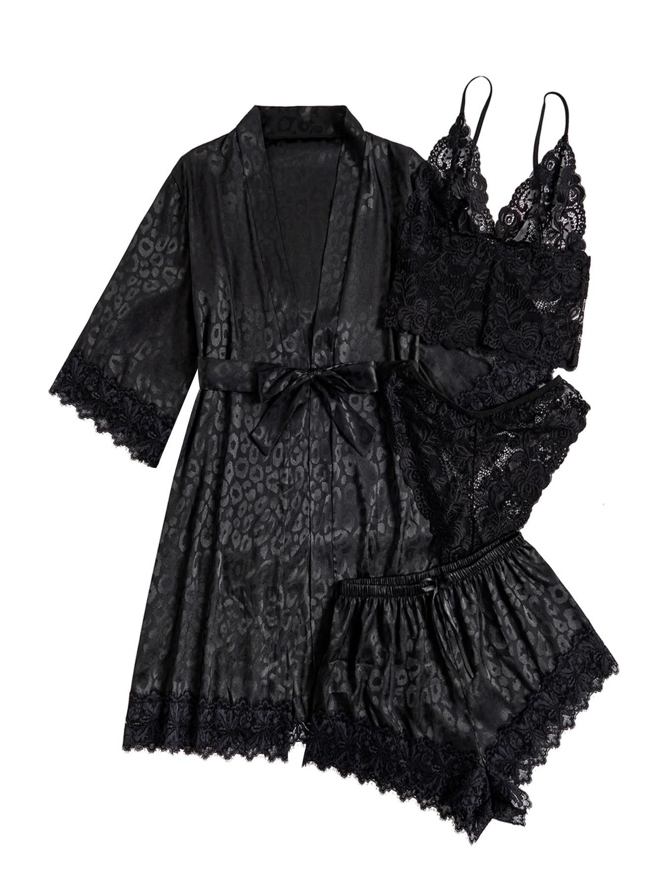 WDIRARA Women's Silk Satin 4pcs Pajamas Set Sleepwear with Robe