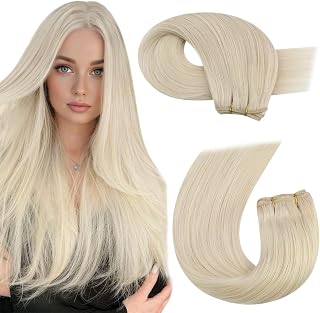 Moresoo Weft Hair Extensions Human Hair Blonde Double Weft Sew in Human Hair Extensions Golden Platinum Blonde Hair Wefts Human Hair Sew in Extensions Blonde Remy Hair 100G 22Inch