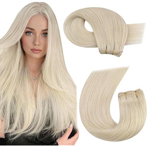Moresoo Blonde Sew in Hair Extensions Real Human Hair Remy Straight Weft Hair Extensions Human Hair Golden Platinum Blonde 100Gram 18Inch