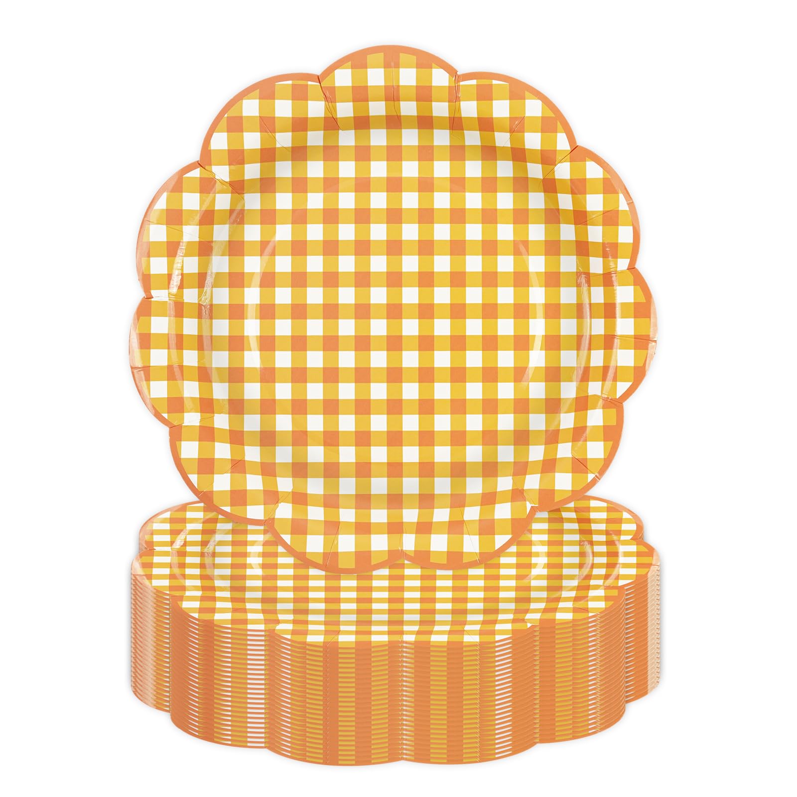 DHAIQC 50Pcs Orange Gingham Paper Plates, 7Inch Scalloped Paper Plates Cake Dessert Plate for Birthday Family Dinner Picnic Baby Shower Wedding Party Supplies (Orange Color)