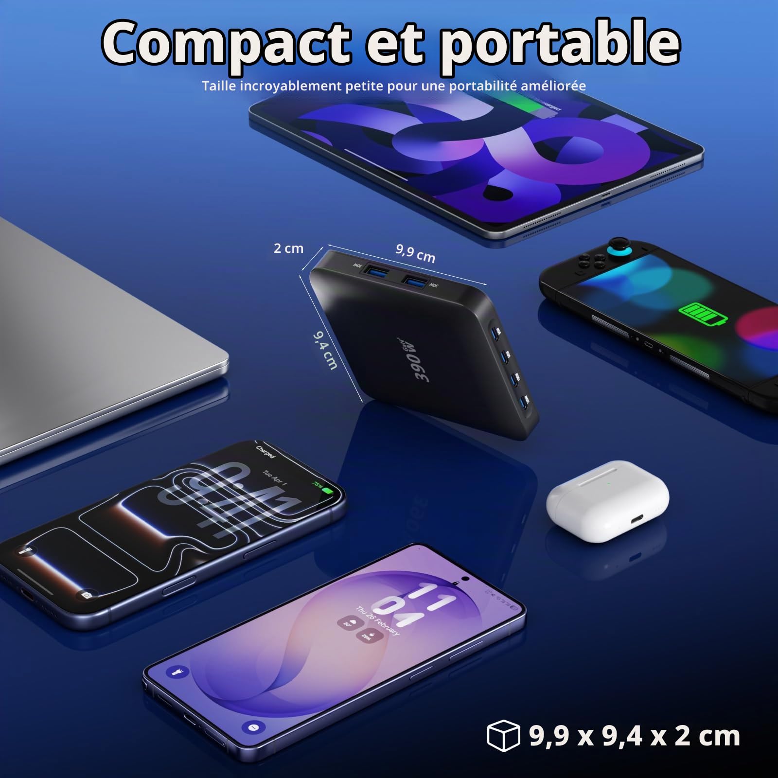 Chargeur USB-C 390W, Chargeur 6 Ports avec 4 USB-C et 2 USB-A, Adaptateur d'alimentation GaN, Compatible avec iPhone 17/16/15/iPad/Galaxy S25/Ordinateur Portable/Tablette