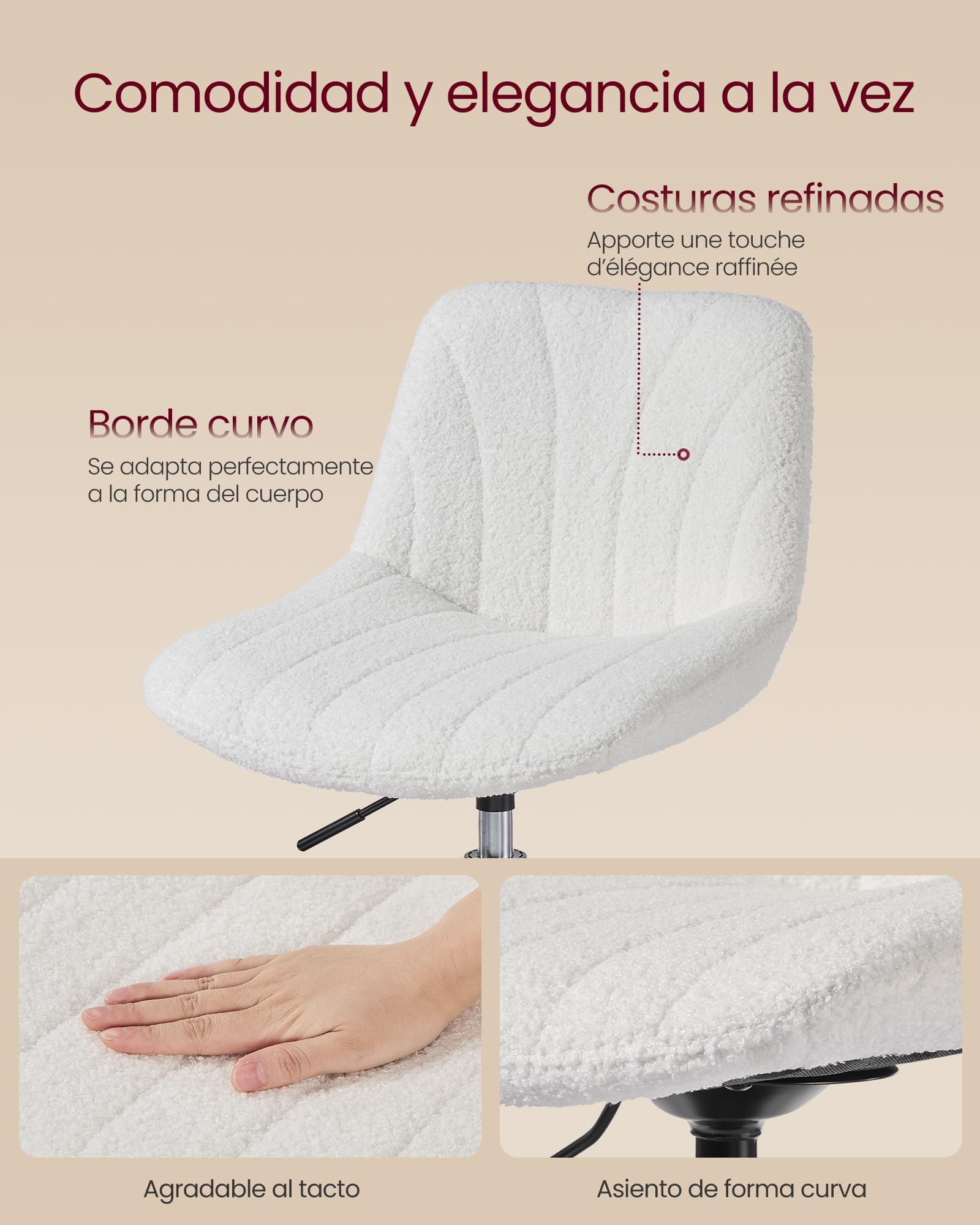 VASAGLE Taburete Tocador, con Respaldo, Silla de Tocador de Altura Regulable, Giro de 360°, para Dormitorio, Comedor, Tela de Felpa, Blanco Crema LJB160WD01