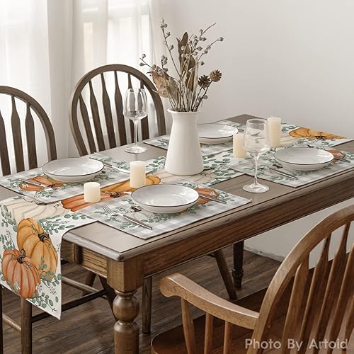 Miniatura 6 de Artoid Mode Juego de 6 manteles individuales de otoño con diseño de calabazas naranjas, hojas de eucalipto, 12 x 18 pulgadas, para decoración de
