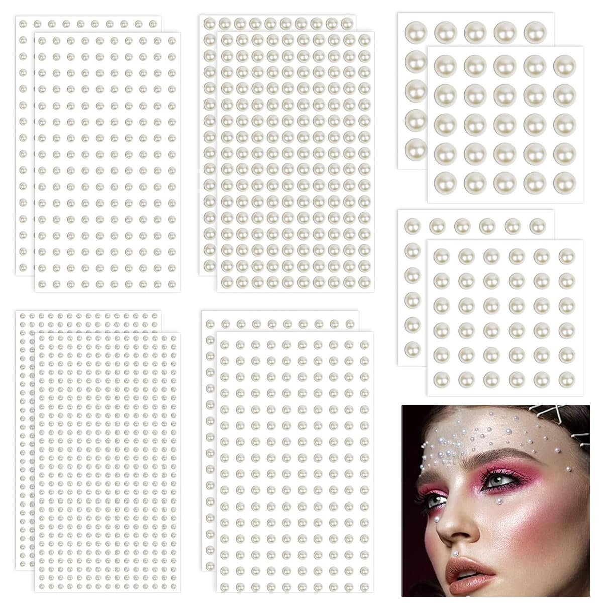 MAYCREATE Pearl Stickers 1980pcs Self-Adhesive White Assorted Sizes | Easy Peel and Stick Details for Hair, Face, Eye, Nail and Craft, Faux Pearl Finish, Assorted Sizes, Store Flat