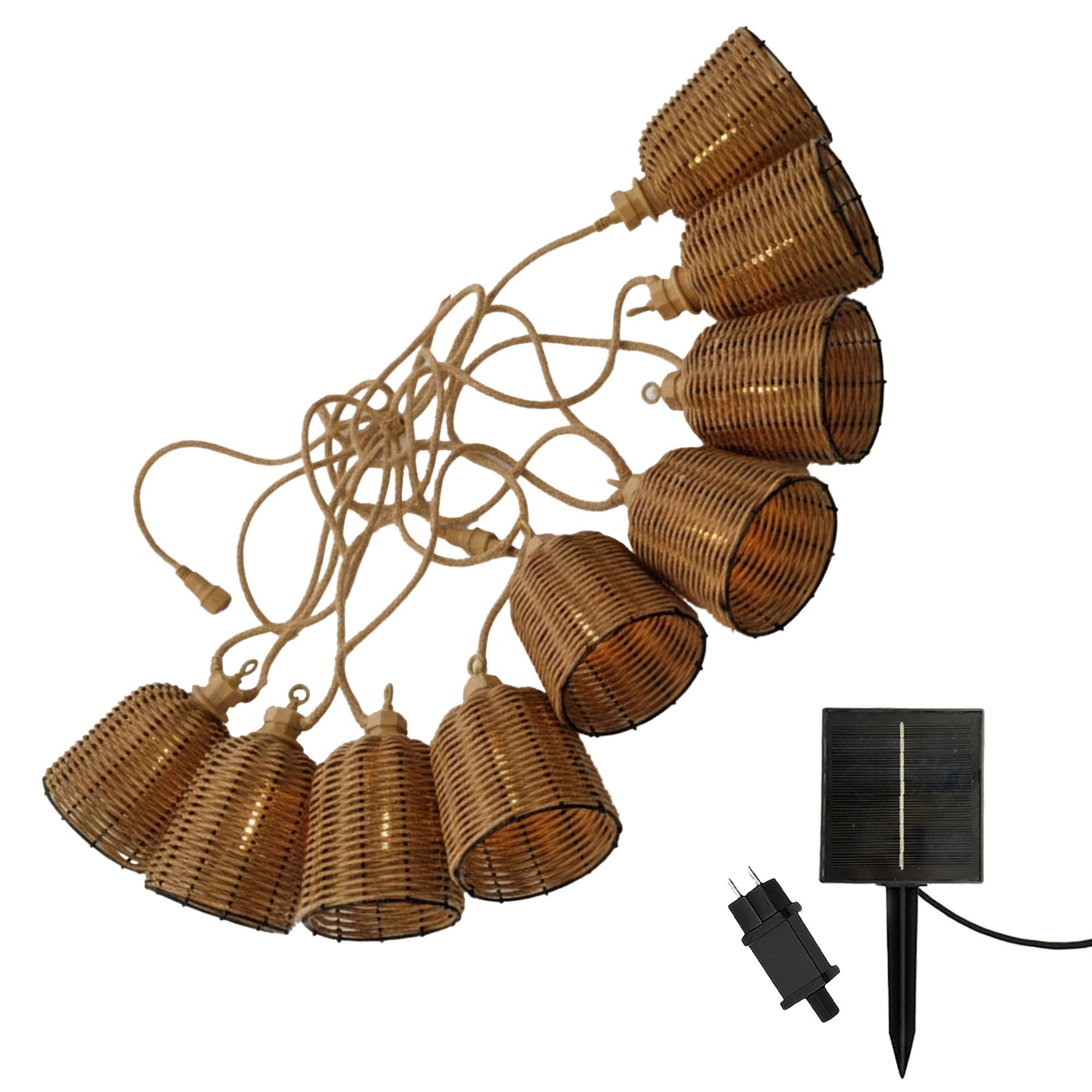 Lichterkette für den Außenbereich, anschließbar, 10 Lampenschirme aus Polyrattan, Formentera Big Hybrid, warmweiß, 8 m, solarbetrieben und mit Netzanschluss