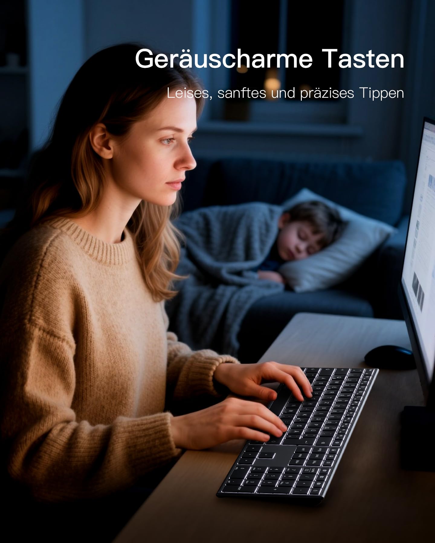 Inateck Tastiera wireless, funzione AI con 3 canali Bluetooth, layout tedesco QWERTZ, tasti silenziosi, compatibile con iPadOS Android, Windows, KB06007