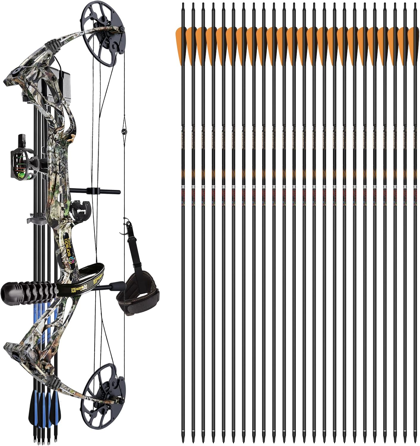 Sanlida Archery Dragon X8 Compound Bow Kit (Camo) and 100% Pure Carbon Arrows Dragon 8 Hunting Arrows(+/-.006" Straightness, 290 Spine,24PCS)