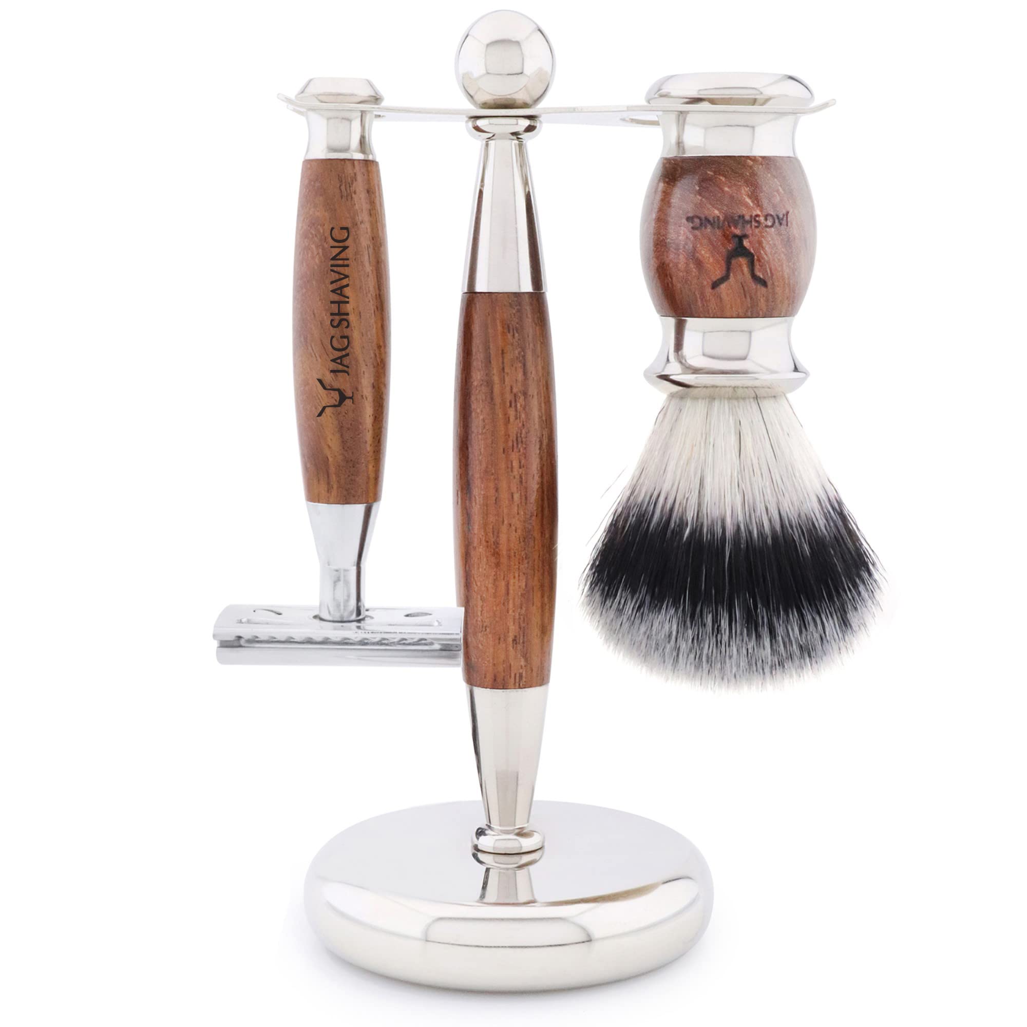 Jag Shaving zestaw do golenia - JAG's LEE Range 5-częściowy zestaw do golenia - syntetyczny pędzel do golenia ze srebrnymi końcówkami - podwójna krawędź maszynka do golenia - stojak do golenia - torba skórzana na maszynki do golenia - zestaw drewna