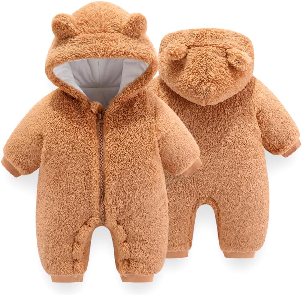 Baby Newborn Bear Outfit Fleece Snowsuit Winter Clothes Hooded Jumpsuit Romper for Baby boy girl