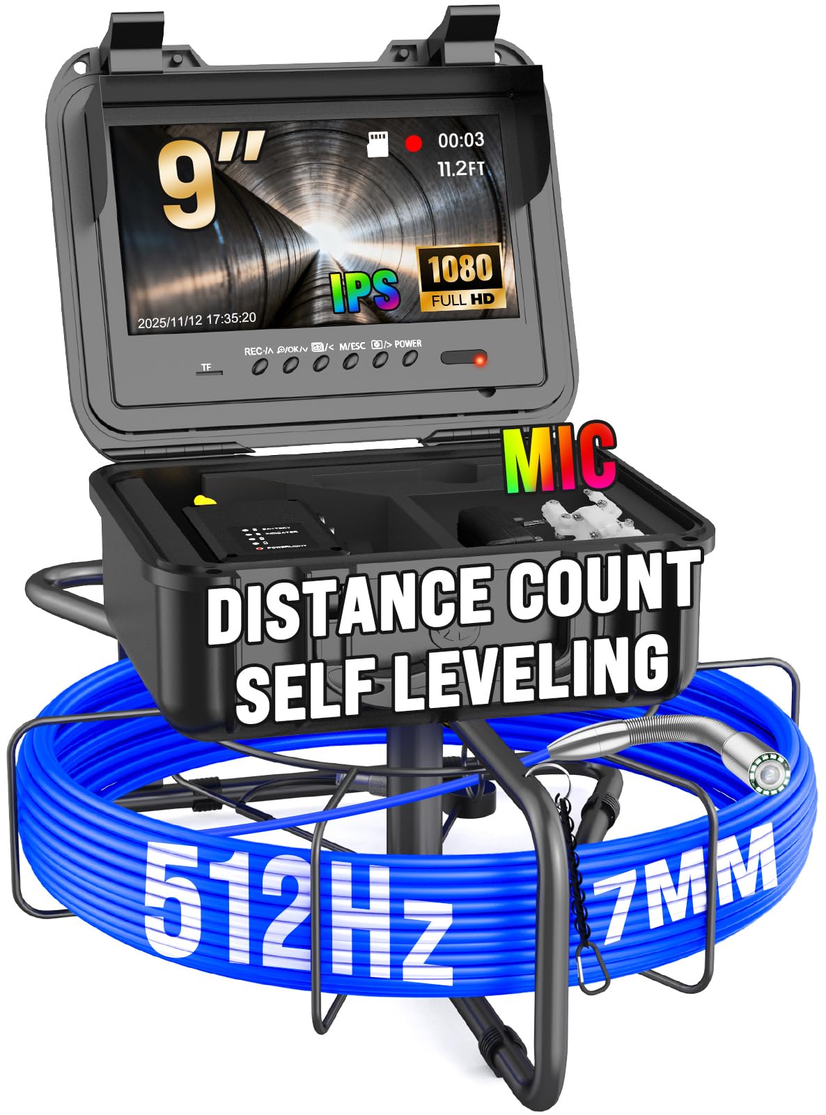 Sewer Camera with Self-Leveling and Distance Count, 512Hz Sonde IP68 Waterproof Cam, 9" Pipe Drain Inspection with 12pcs Light, DVR with 32GB Card,