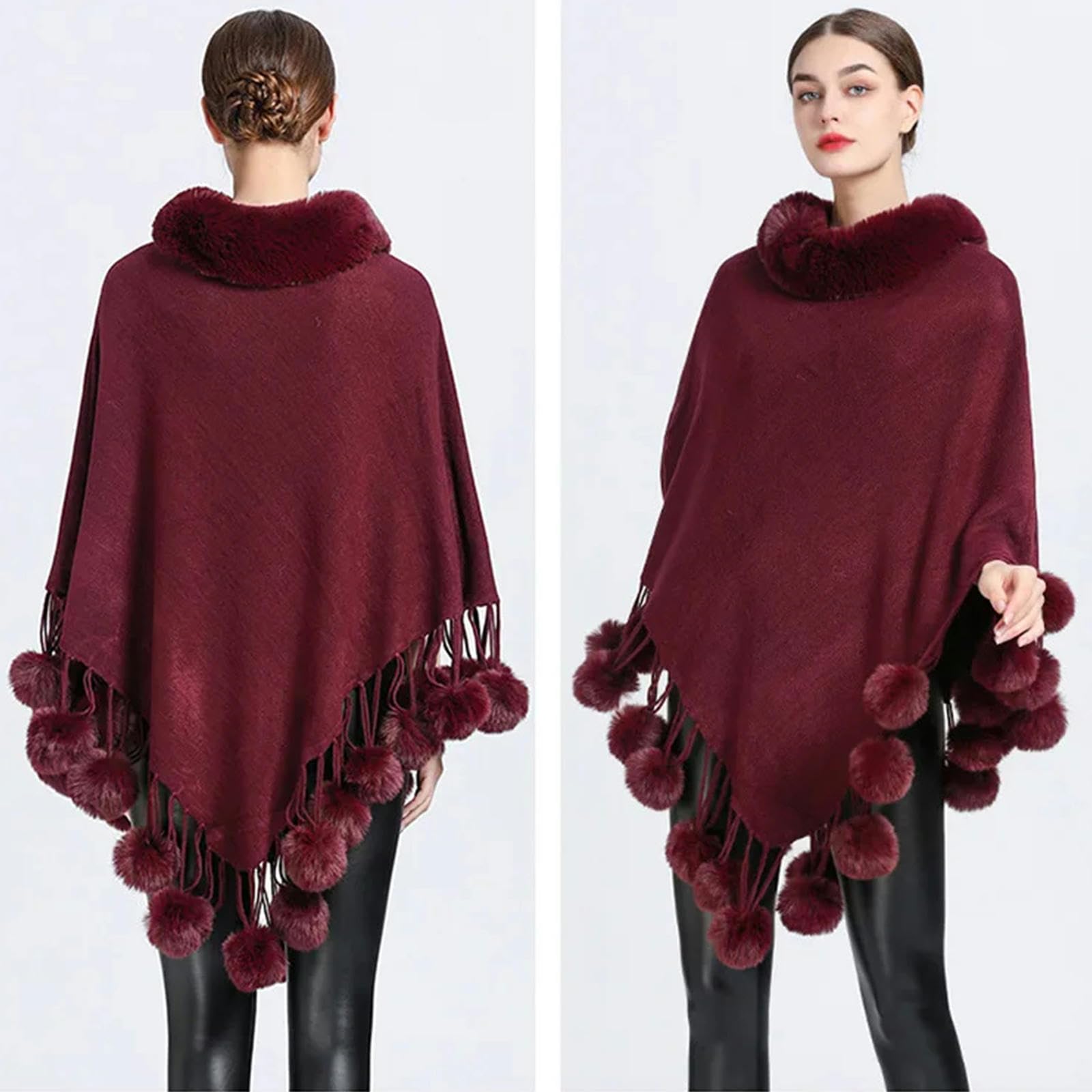 Poncho Donna Poncho Scarf Fur Ball Decoration Decoration Scialle Fux Furx Collar Women's Cape Fringed