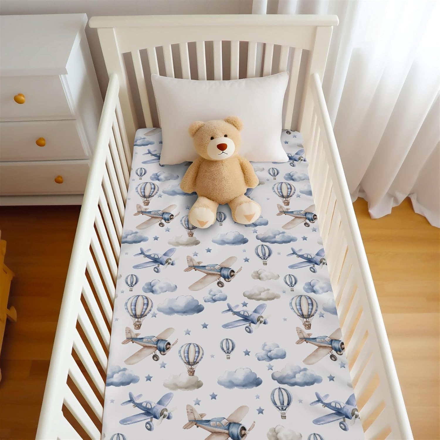 Cute Plane Hot Air Balloon Baby Crib Sheet for Boys & Girls 28x52 Inch Breathable Blue Airplanes Moon Stars Fitted Crib Sheet Fits Standard Cribs and Toddler Mattresses Toddler Bed Sheet