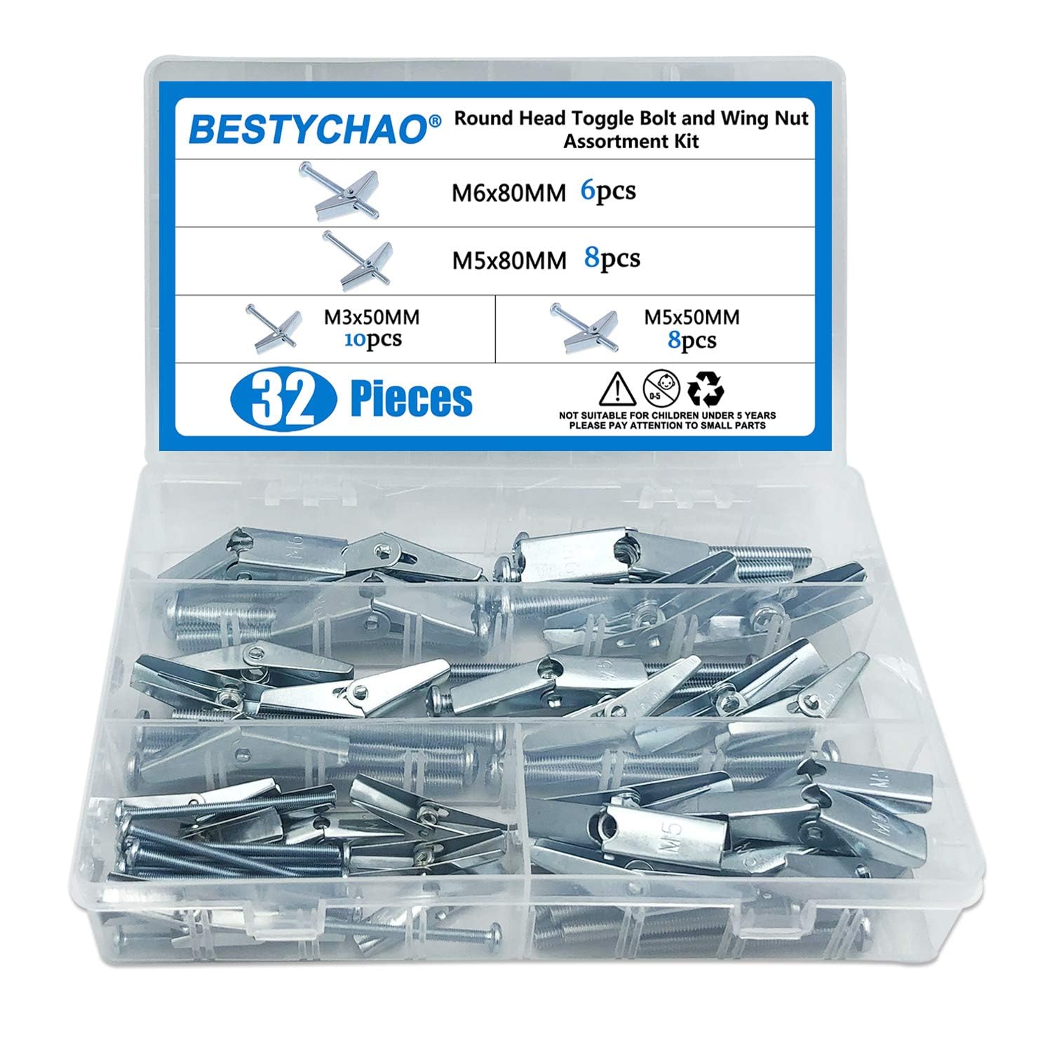 TOP-VIGOR 32Pcs Plasterboard Fixings, M3/M5/M6 Wing Spring Toggle Bolts and Drywall Screws, Hollow Anchors Kit - Image 3
