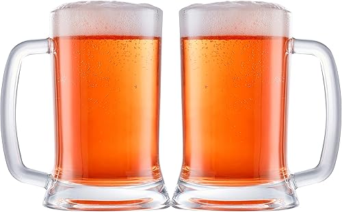 Burns Glass Juego de 2 vasos de cerveza clásicos alemanes de 16 onzas, vasos de cerveza grandes pesados con asa, taza de cerveza tradicional