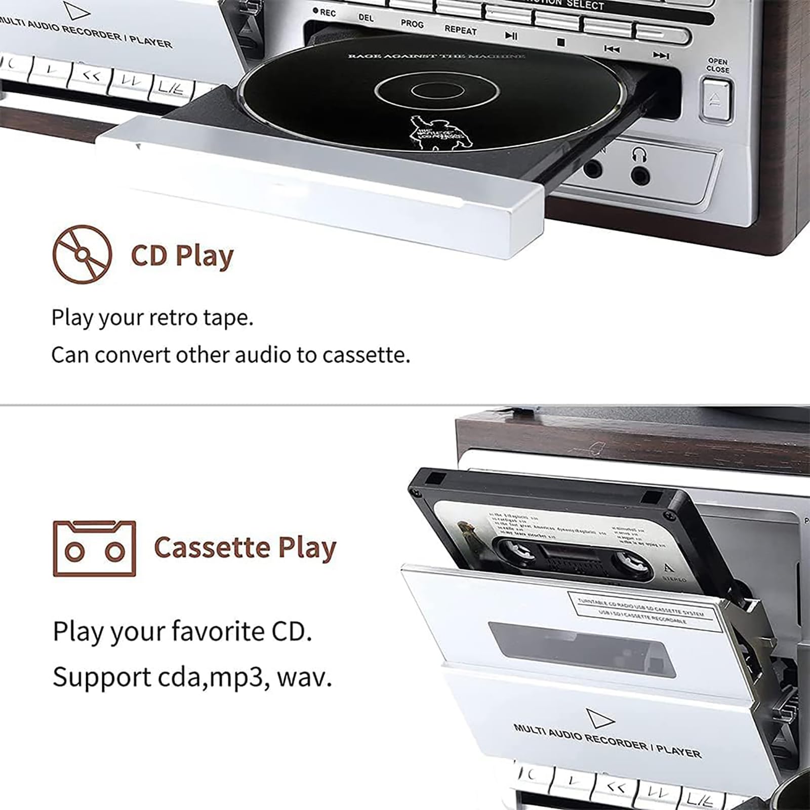 Giradischi Bluetooth retrò, giradischi vintage a 3 velocità con altoparlanti integrati, lettore CD, radio AM/FM/SD/USB, per dischi o album in vinile (7", 10" e 12")