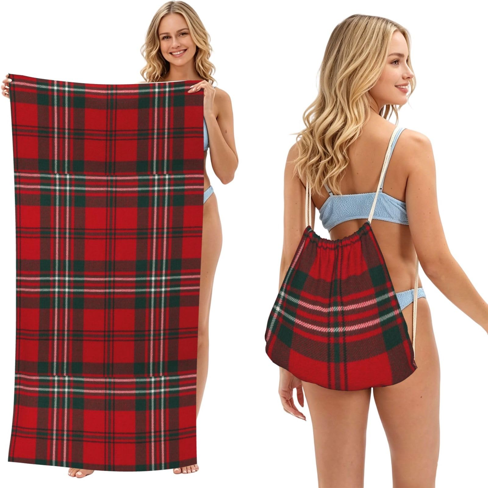 Poadnly As Picture Red Scottish Plaid, 2 In 1 Packable Towel Bag, Beach Towels With Drawstring Backpack For Travel Holiday Camping