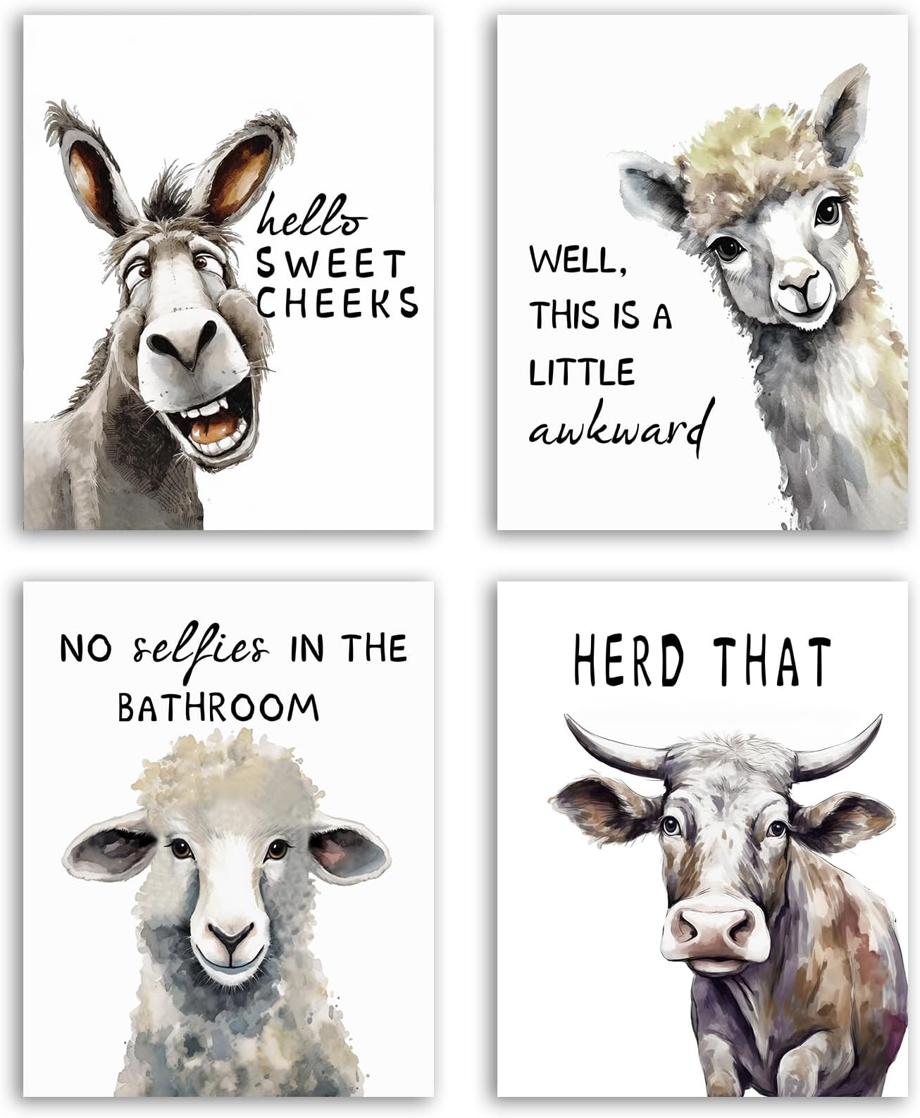 NIIORTY Funny Animal Wall Art Prints Bathroom Decor, Bathroom Quotes Wall Art, Watercolor Donkey Alpaca Sheep Cow Canvas Posters for Restroom Farmhouse Decor, Set of 4-8x10 inches Unframed