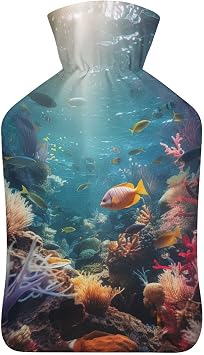 Hot Water Bottle with Soft Cover, Tropical Fish 1L Warm Water Bag for Menstrual Cramps, Under The Sea Coral Reef Neck and Shoulder Pain Relief, Ideal for Hand & Feet Warmer for Kids, Men & Women, Hot
