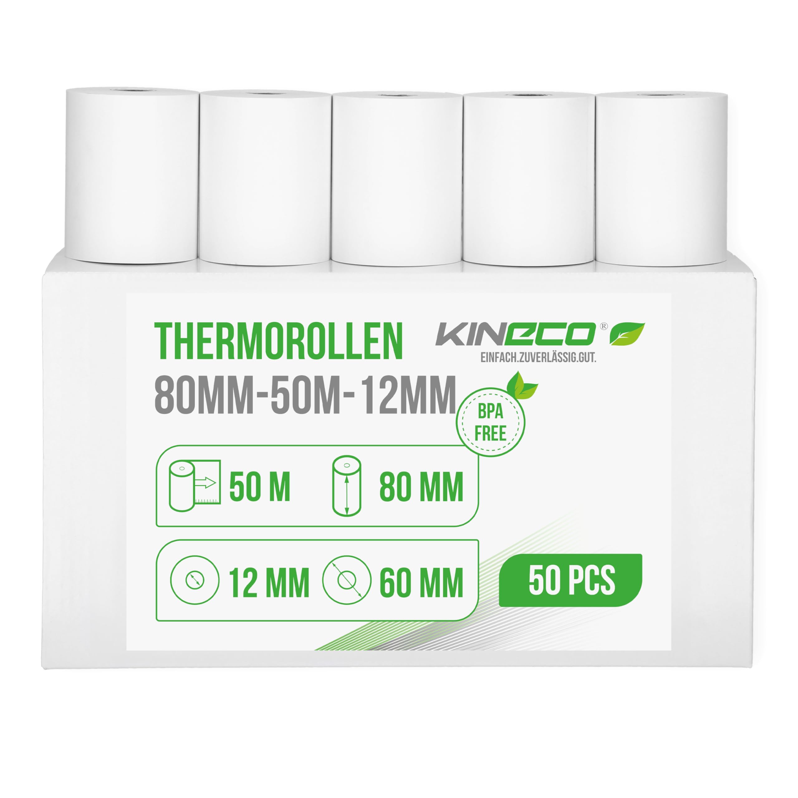 Kineco Thermorollen 80mm x 50m x 12mm Kassenrollen (50 Rollen) | Bonrollen, 80x60x12 50 Meter, BPA Frei,Bonrollen für Registrierkasse mit Bondrucker,Thermopapier für Kassensysteme