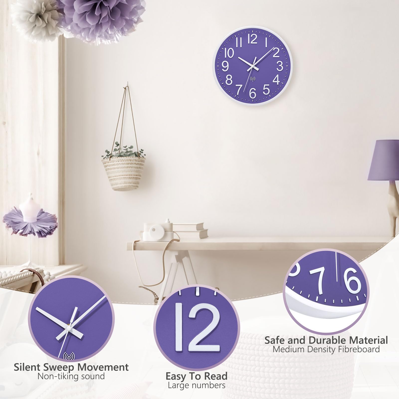 ACCSHINE Küchenuhr Funk Wanduhr Lautlos Funkwanduhr Wanduhr Ohne Tickgeräusche 30cm Quarz Batterie Groß Einfach zu Lesen für Zimmer Zuhause Küche Wohnzimmer Schlafzimmer Büro Schule (Lila)