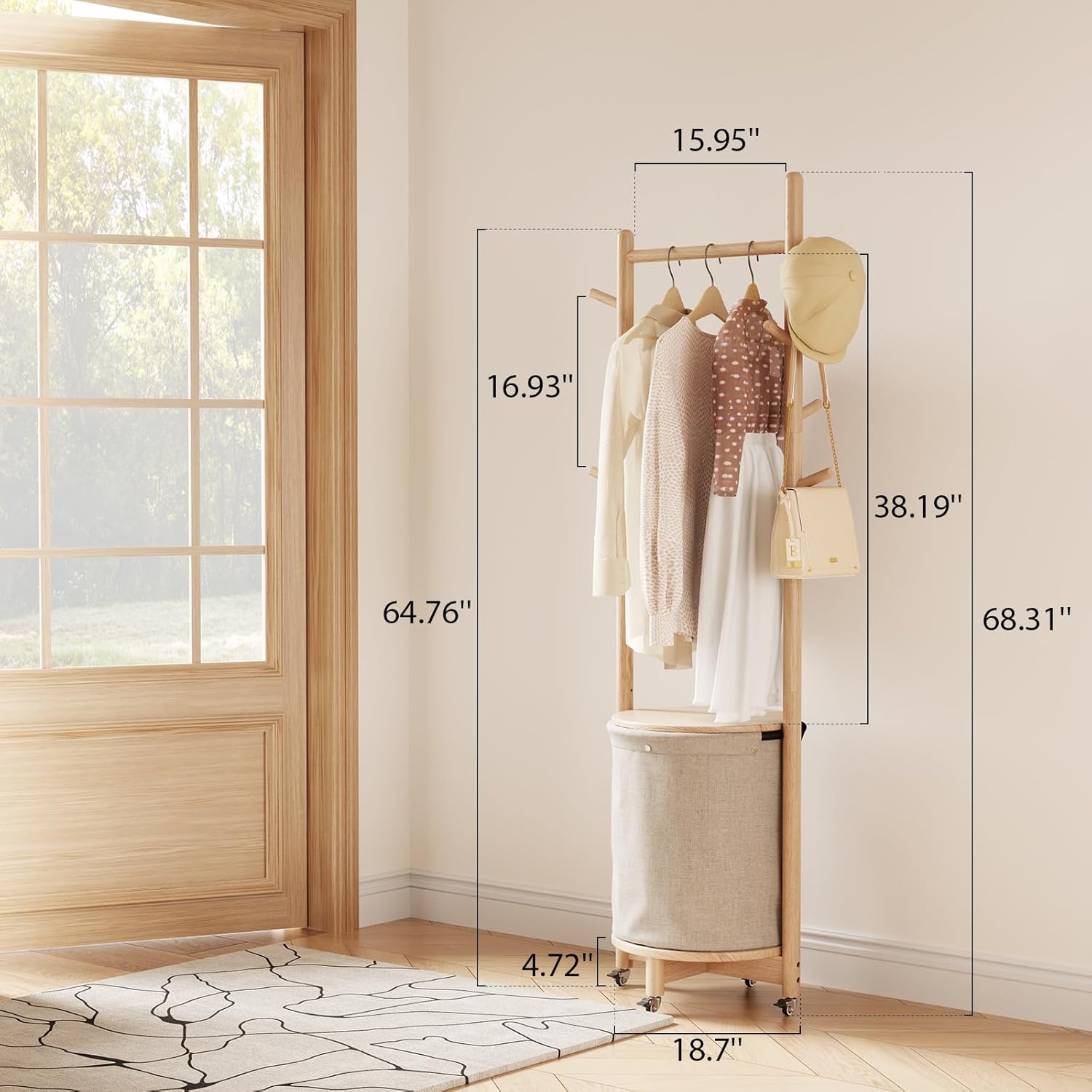 CycleCrew Solid Wood Coat Rack with Fabric Basket - Coat Hanger Stand Coat Tree Rack Freestanding with 9 Hooks Wheels, Small Clothes Rack For Entryway Bedroom Hallway Living Room
