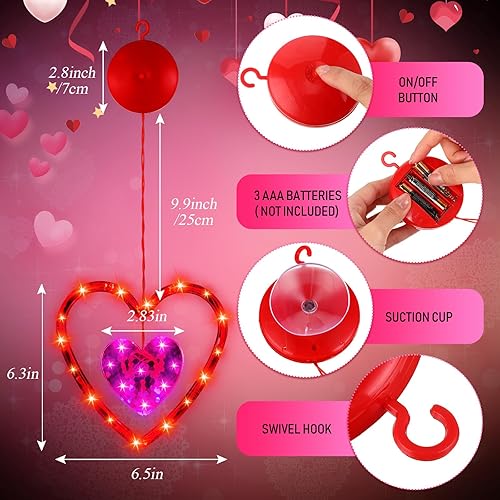 Miniatura 3 de Glooglitter 8 luces de ventana de corazón para el día de San Valentín, funciona con pilas, luces de silueta navideña con gancho de ventosa para