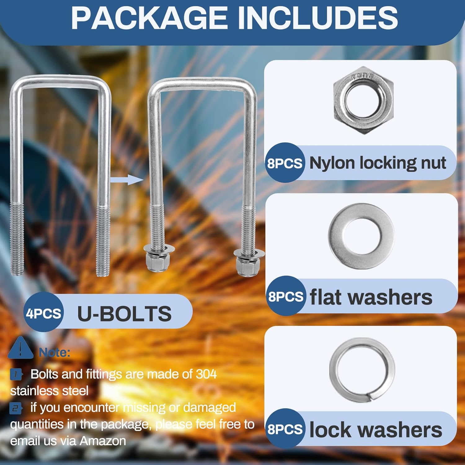 4 Sets 304 Stainless Steel Square U Bolt,U Bolts 3 inch Wide,1/2" D x 3-1/16" W x 7-5/16"L U-Bolts for Boat Trailer with Nuts and Washers, for Automobiles Trailer, Ski Boat