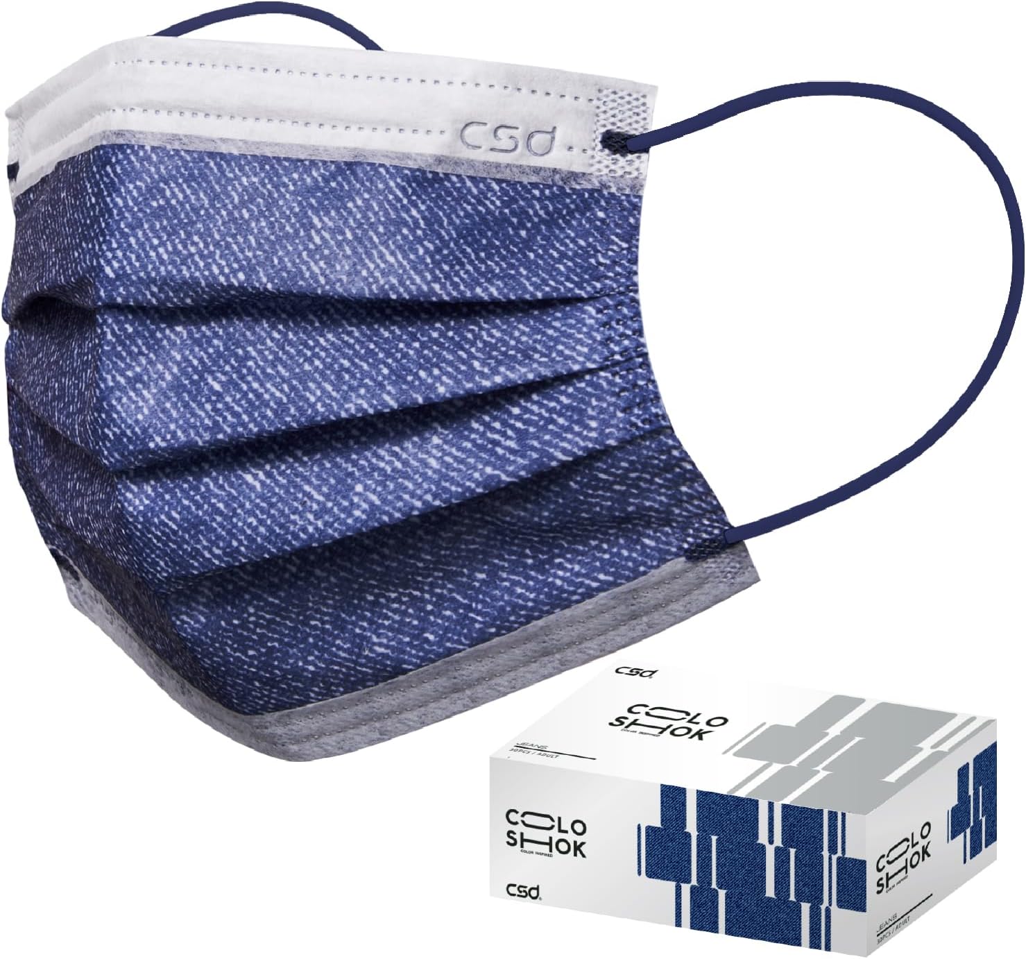 CSD Colo 30 Pcs Blue Disposable Face Masks, 3 Ply Adult Mask with Elastic Ear Loop, Nose Bridge Clip, Breathable Comfortable Mask Great for Indoor, Outdoors Use (Jean Blue)
