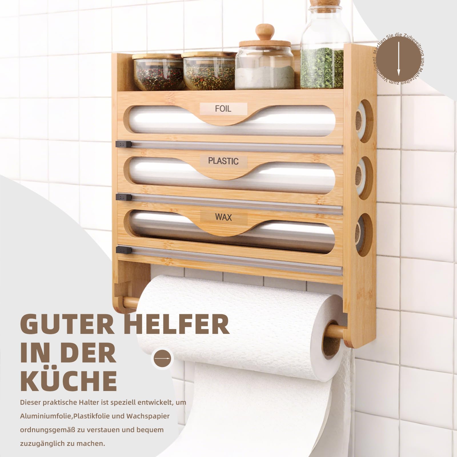 Distributeur de Film Alimentaire 4 en 1 avec Support pour Essuie-Tout Organiseur Mural pour Papier Aluminium,Film Plastique et Papier Ciré,Rangement Polyvalent avec Rouleau-Holz