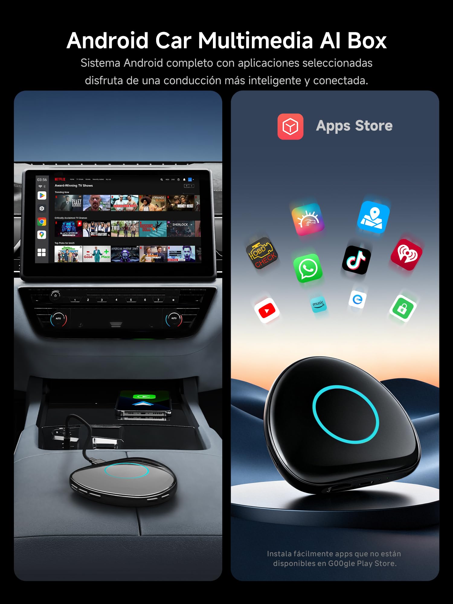 AI Box CarPlay Adaptador Android Auto Inalámbrico - Adaptador CarPlay Inalambrico con 4G, WLAN, BT Dual, USB, AI, GPS, MicroSD, OTA, Integrado 8 GB + 128 GB, CB6D, para Youtube/Netflix/Tarjeta TF