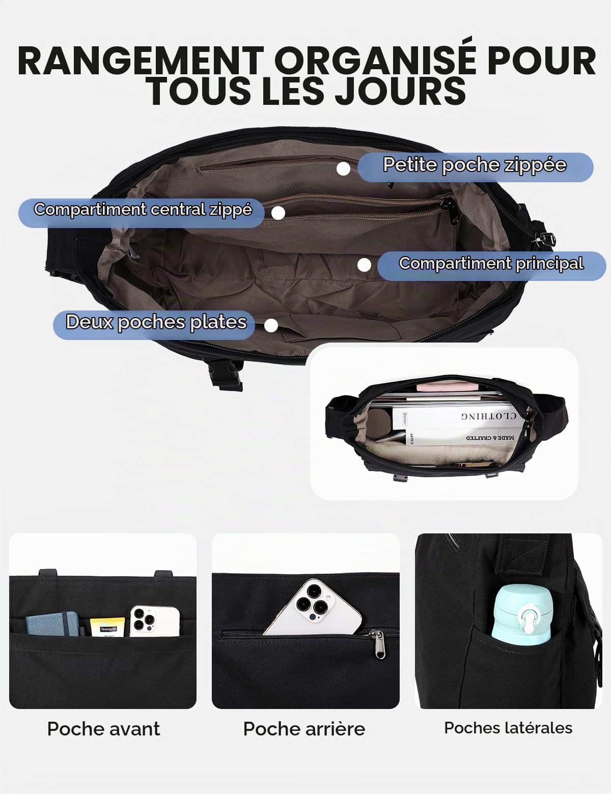 VASCHY Sac Bandoulière Femme, Grande Léger Poches Multiples Sacoche Messager en Toile Adolescent Sac à Main Besace pour Travail École Voyage Loisir