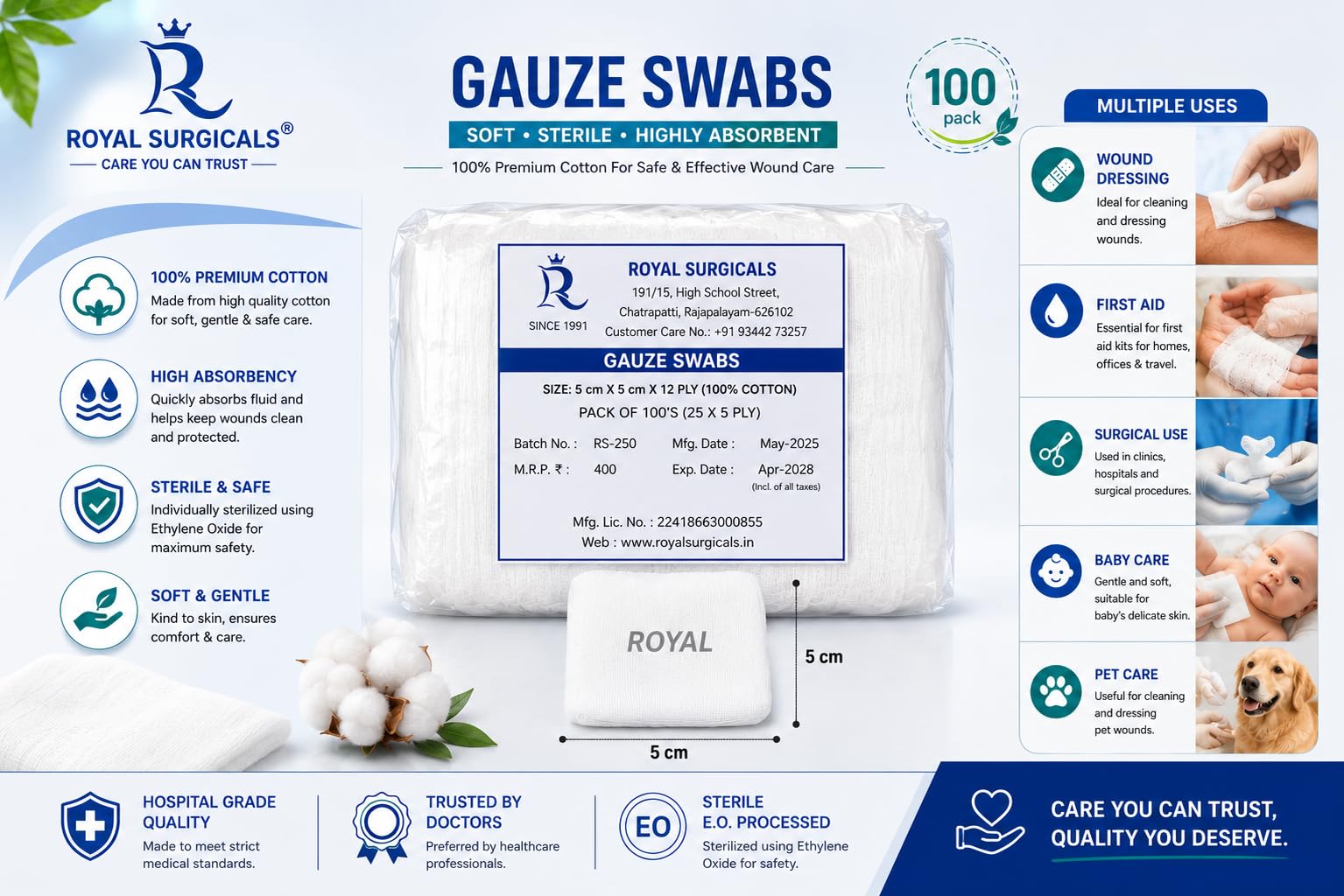 ROYAL SURGICALS Gauze Swabs 5cm x 5cm, 12-Ply (Pack of 100) - Soft, Absorbent Cotton for Wound Cleaning, Makeup Application & Medical Use 1