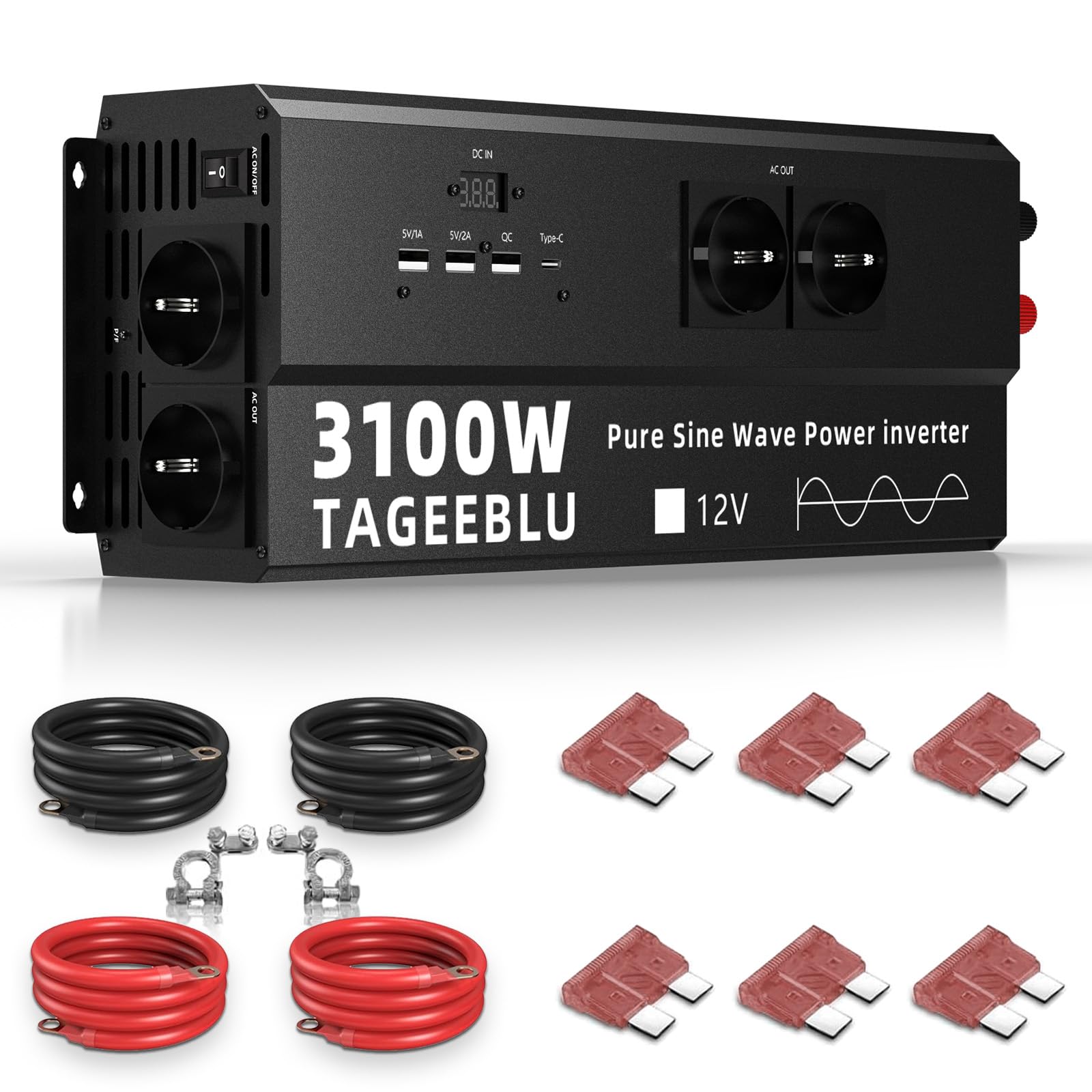 3100W inversor 12v 220v Onda Pura, inversor 12v a 220v | con 4 AC Tomas, Pantalla LCD, Type C 30W, carga rápida USB 25W, 3 puertos USB