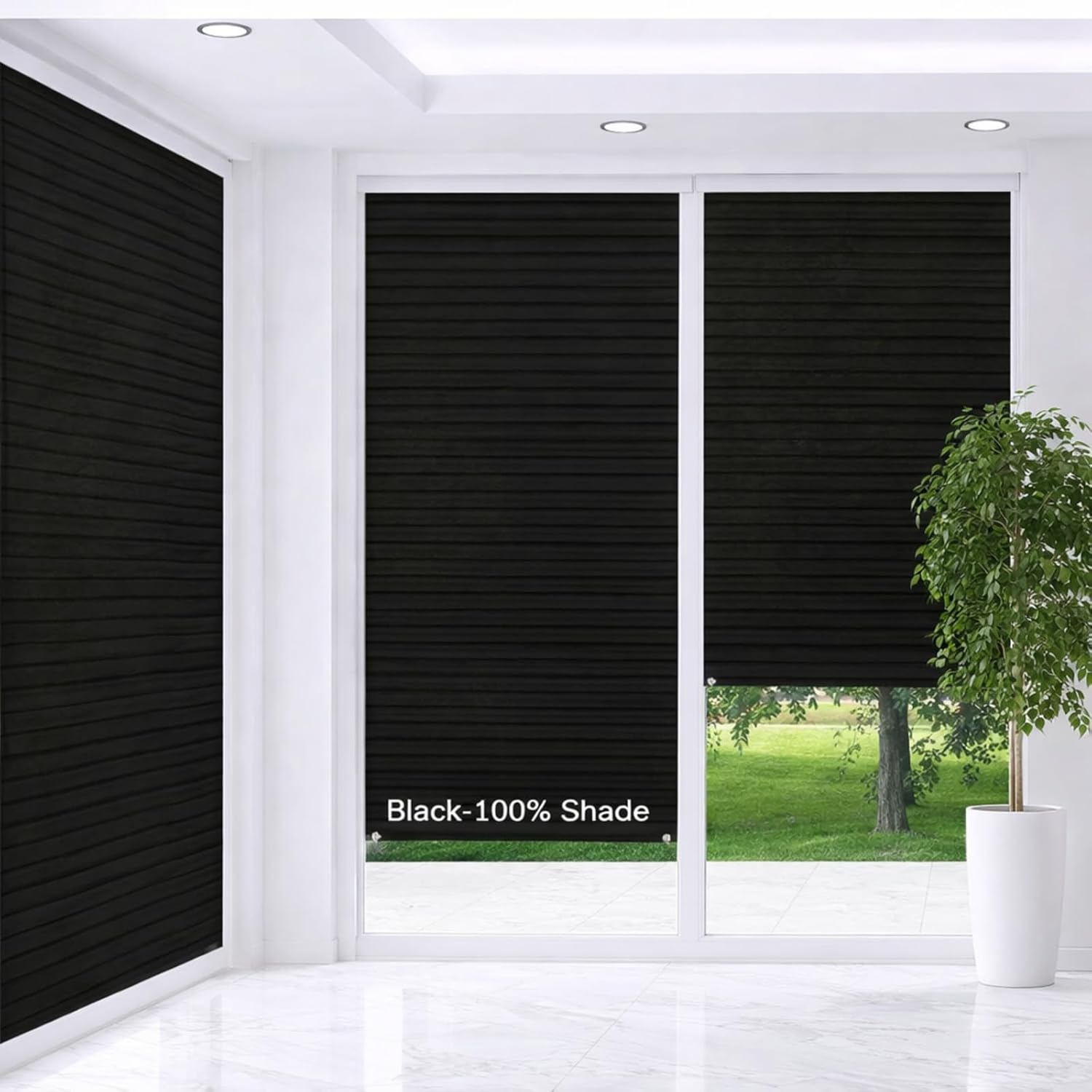 4 Pcs 35 x 110 Inches Temporary Blinds for Indoor Windows Blackout No Tools Cut to Size Fabric Paper Pleated Shades Adhesive Privacy Blinds for French Door Sliding Door Light Filtering(Black)