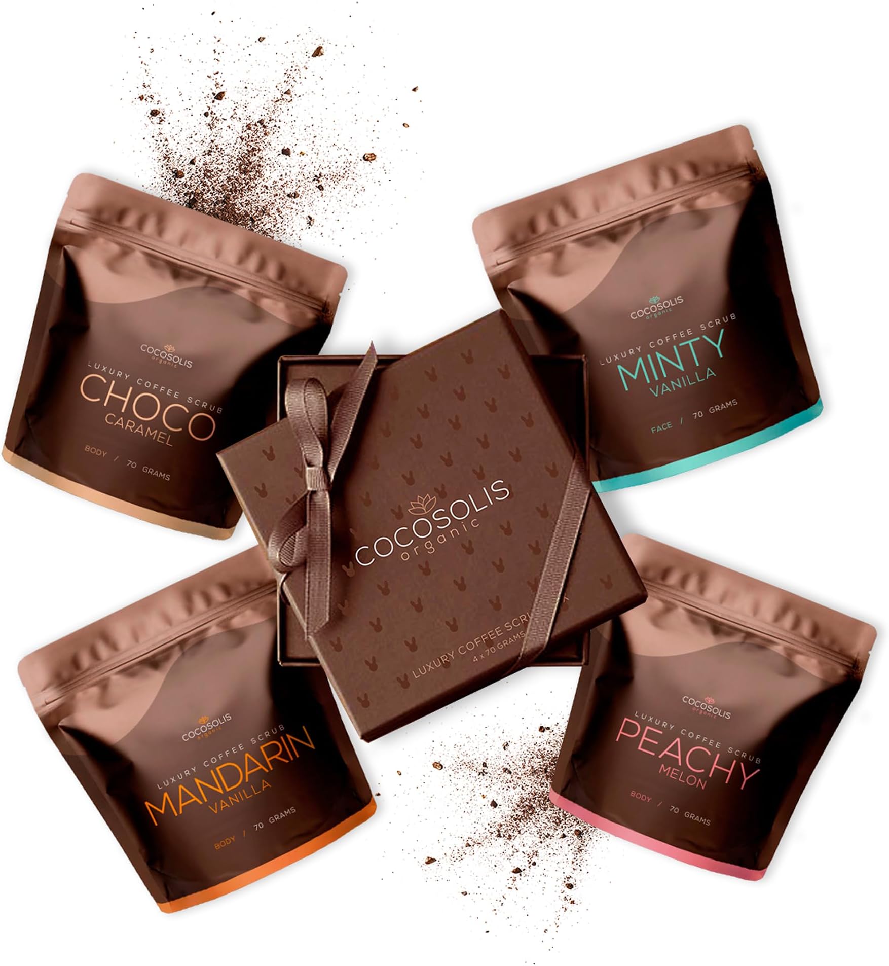 Luxury Coffee Scrub | Luxurious Box With 4 Natural, Organic Scrubs for Your Face & Body| Smoothes Skin Imperfections| Intensely Hydrates and Nourishes | Leaves The Skin Elastic (280g/9.8 OZ)