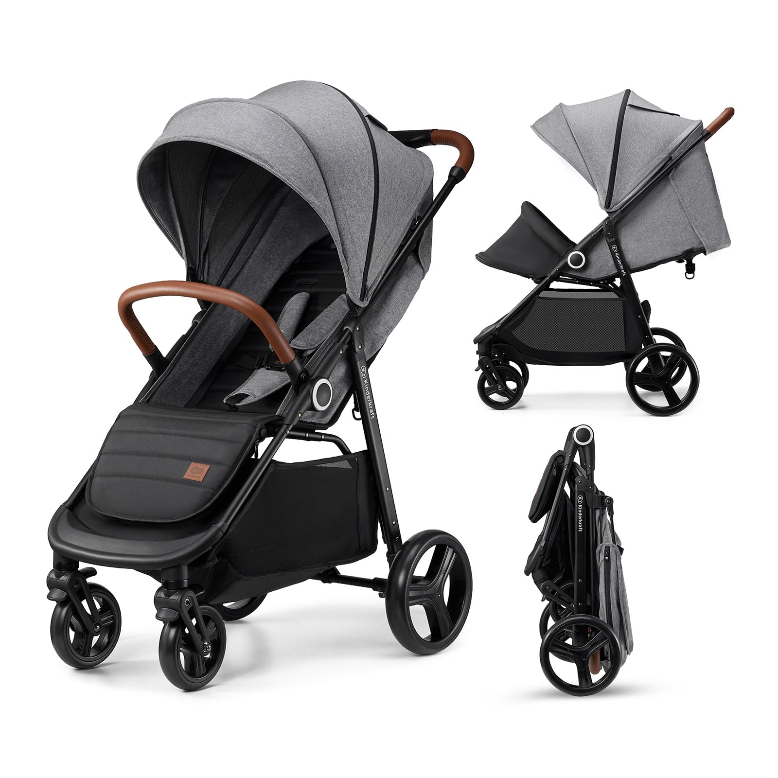 Kinderkraft Grande Plus Kinderkraft Buggy from Birth to 48.5 lb, one-Hand Folding, Reclining Position, Large Canopy with Window, All 4 Wheels dampened