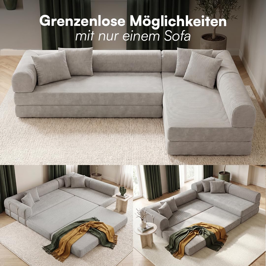skølm Lofn Ecksofa 4 Sitzer – Wohnlandschaft L-Form Cord – Klappsofa 300cm breit Hellgrau – ausklappbar zum Schlafsofa/Bodensofa – Vollschaumcouch Boneless mit 4 Kissen & Stahlgestell vakuumverpackt