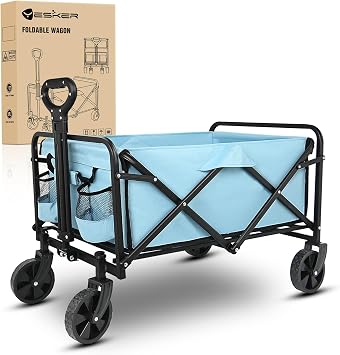 Yesker Foldable Wagon - 220lbs Collapsible Garden Carts with All Terrain Wheels for Outdoor Camping Sports Shopping Gardening - Heavy Duty Portable Utility Trolley Blue