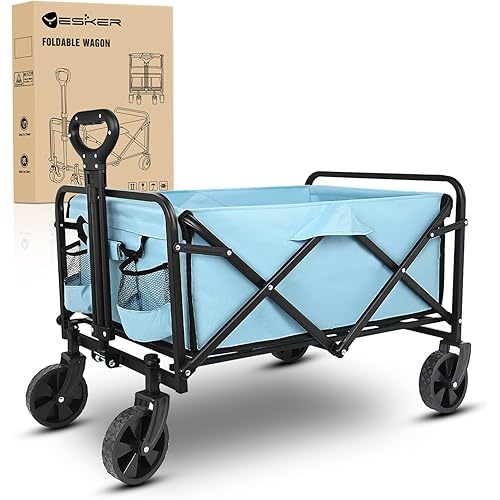 Yesker Foldable Wagon - 220lbs Collapsible Garden Carts with All Terrain Wheels for Outdoor Camping Sports Shopping Gardening - Heavy Duty Portable Utility Trolley (Blue)