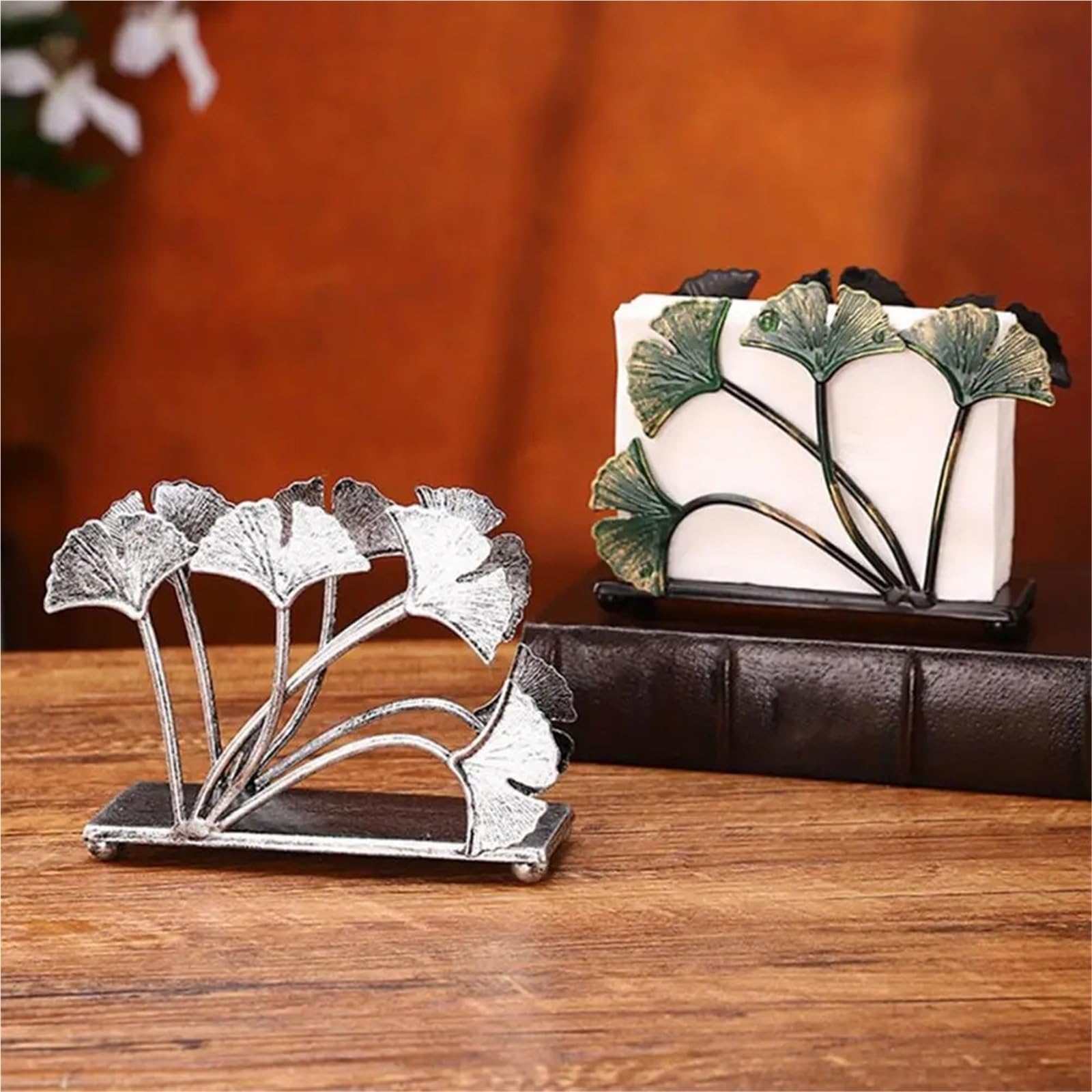 Servilletero de Mesa Servilletero Vertical Hojas Rústicas | Dispensador de toallas de papel de Metal for almacenamiento, decoración de mesa for cocina(Green)