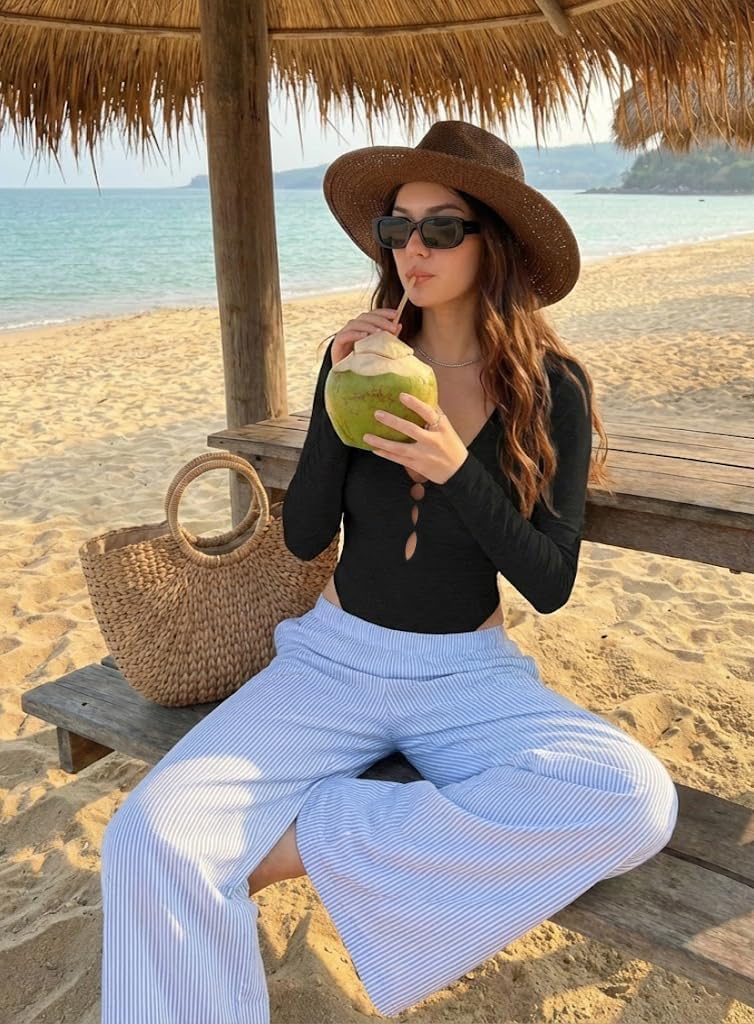 Women Deep V Neck Long Sleeve Bodysuit with Cutout Going Out Bodysuit Casual Stretchy Basic Bodysuit Tops - Image 4