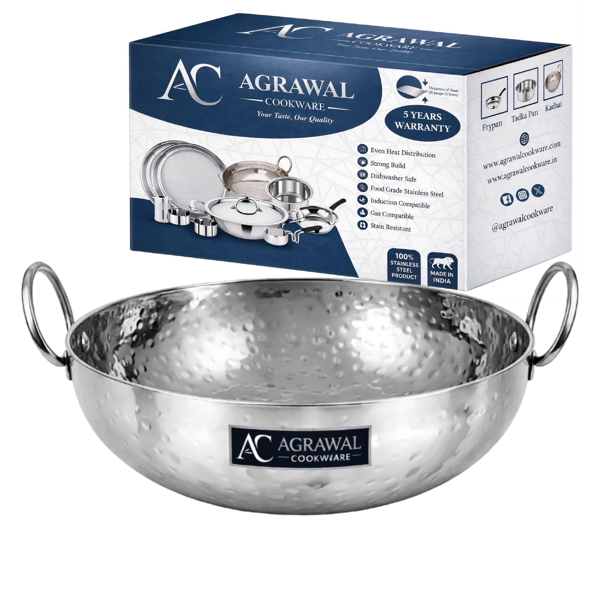 Agrawal Cookware Premium Heavy Gauge Stainless Steel Hammered Kadhai/Kadai (1.5 litres, 855 Grams) – Heavy Bottom, Mirror Finish, Ideal for Frying, Cooking, Durable Steel Utensils, 5 Years Warranty