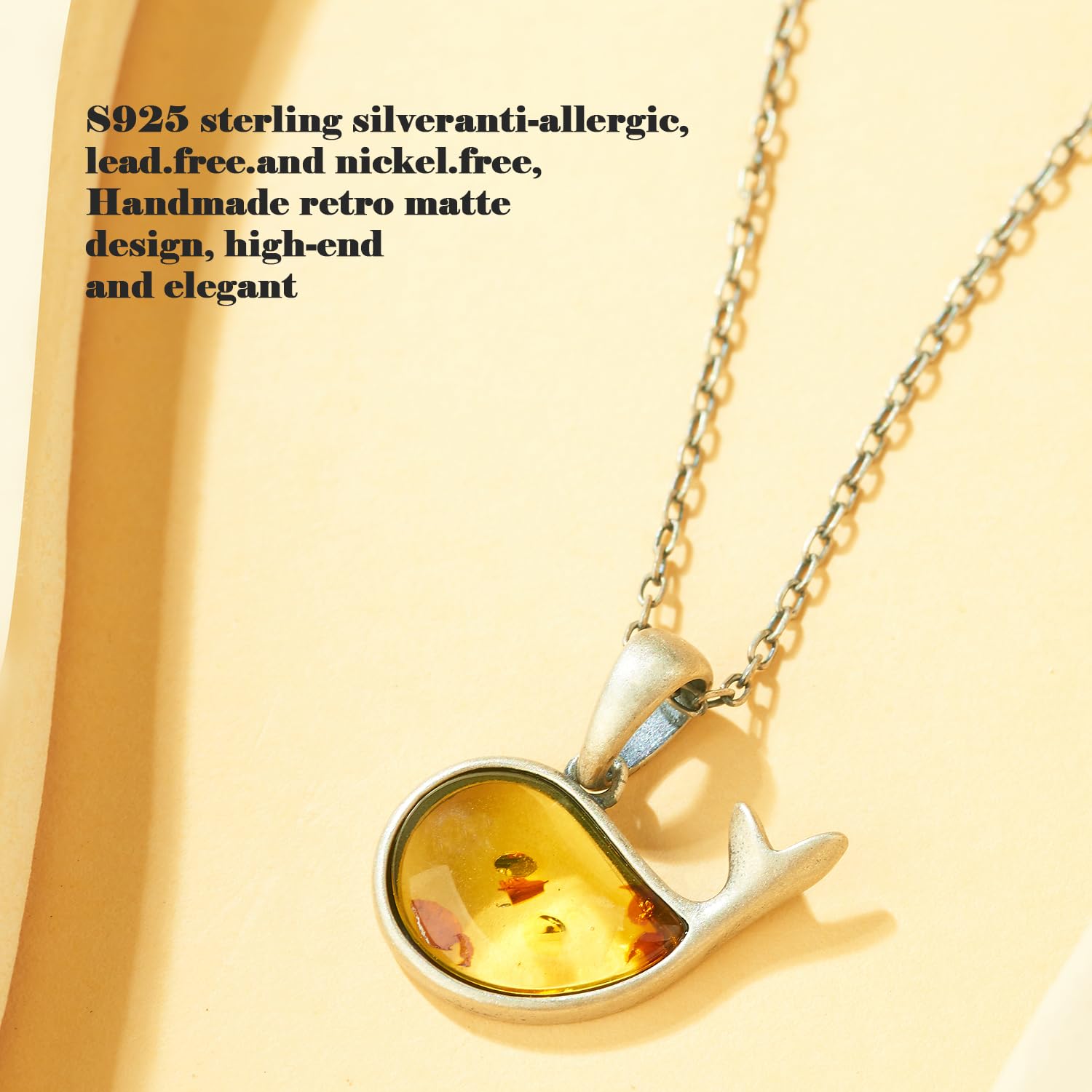 925 collar de ámbar natural del mar Báltico incrustado plata pura, diseño fresco pequeño delfín, colgante de piedra de energía ámbar pulido, caja de regalo de madera embalaje