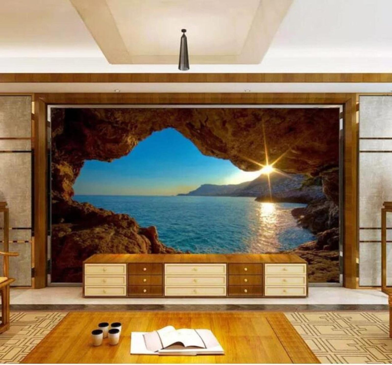XLMING Cave Sunrise Ocean Nature Landscape 3D Wallpaper Luxury Silk Study Dining Feature Sofa Grey Bedroom Living Room Tv Decorative Wall-150cm×105cm