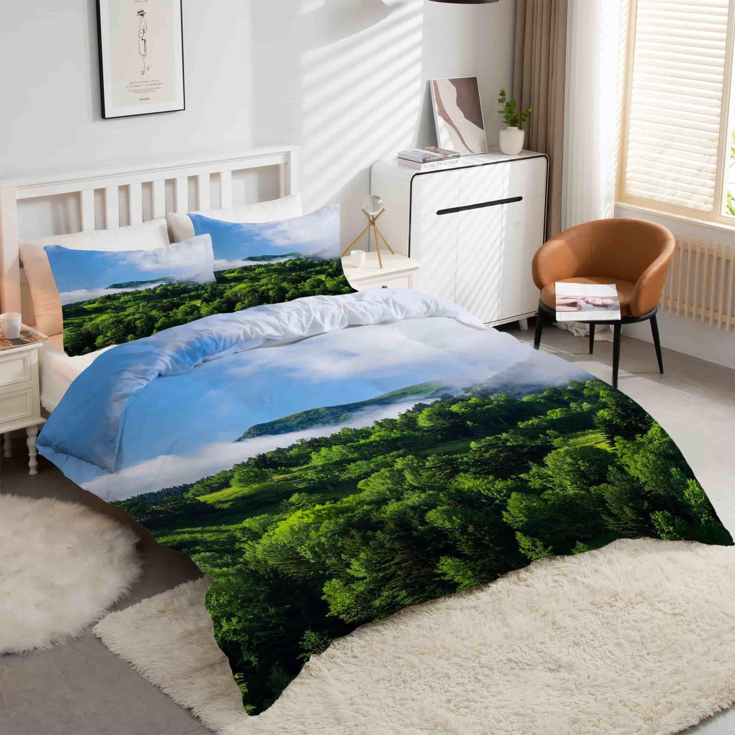 Housse de couette 160x200 forêt bleu anti-glissement avec fermeture éclair et microfibre douce