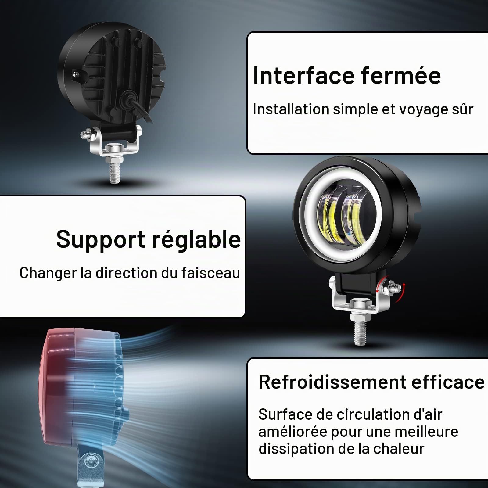 Biqing 2PCS Feux Additionnels Moto avec Rouge Angel Eye,Ronde de 3 Pouces 20W Phare LED Motos Avant 12V/24V Phare de Travail Brouillard Feux de Jour de Motos DRL Avec Interrupteur Moto 22mm