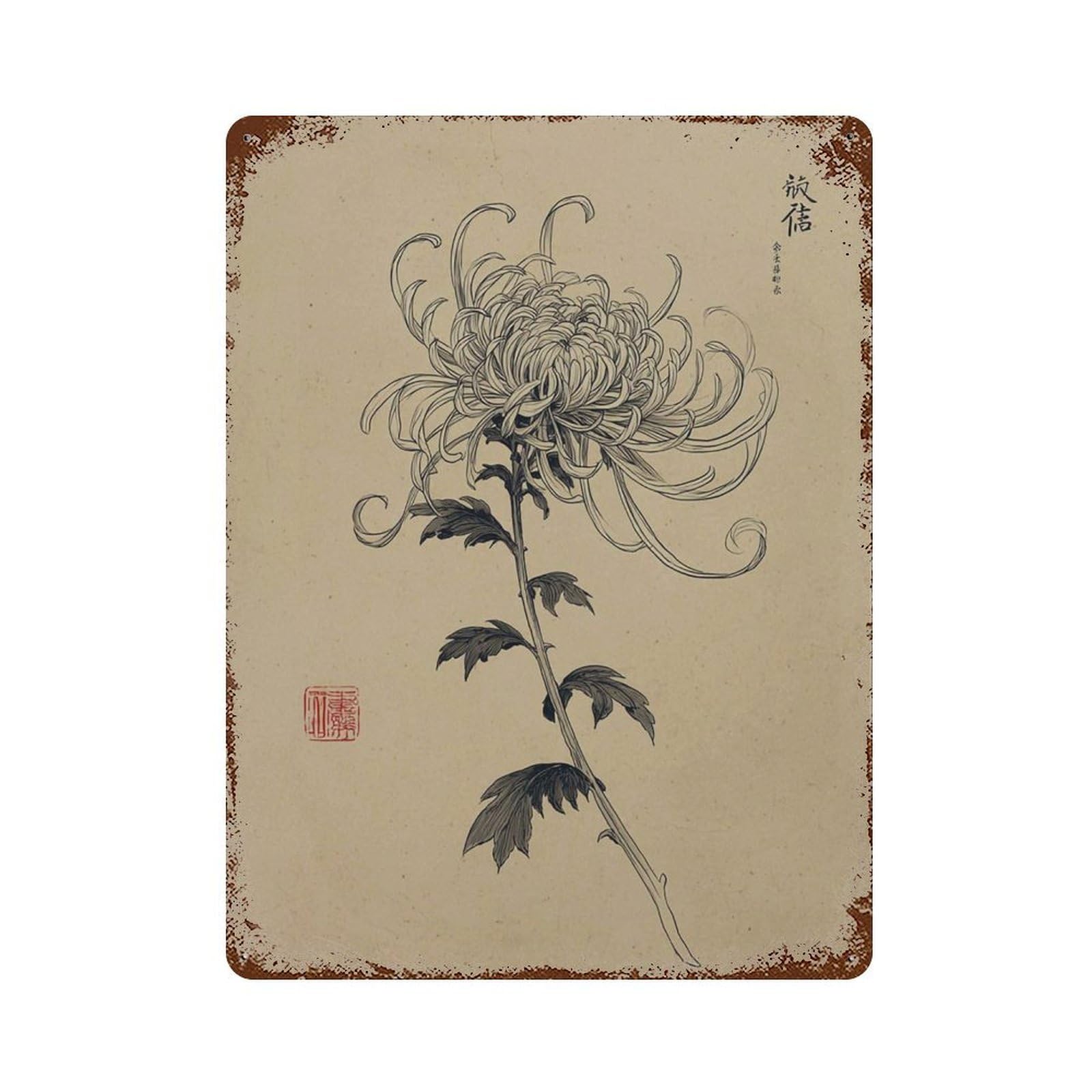 xiaoxiaoshen Japanese Chrysanthemum Minimalist Ink Flower Traditional Asian Botanical Wall Decor Art Metal Tin Poster Modern Home Decor Art Home Bar Shop Decorations Vintage Sign 40x30cm