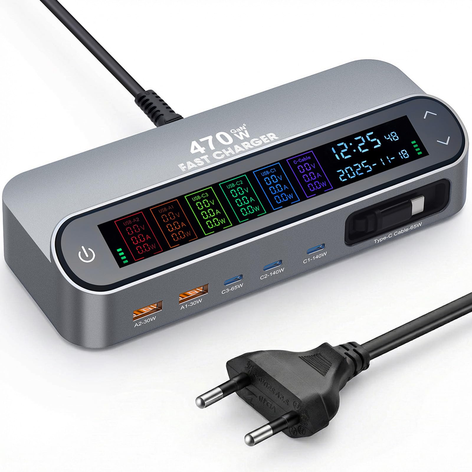470W USB C Ladegerät Mehrfach, 6 Ports Schnellladegerät Ladestation, mit LCD-Display, mit 3×USB-C-Ports und 2×USB-A-Ports, für MacBook Pro/Air, iPhone 16/15/14, Galaxy, and More