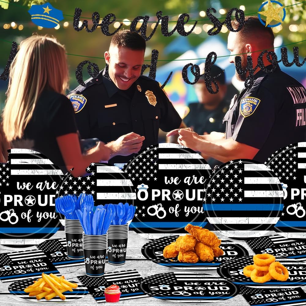 142Pcs Police Academy Graduate Party Supplies We Are So Proud Of You Police Theme Plates and Napkins Congrats Officer Party Decorations for Police Retirement Grad Graduation Promotion Party Serves 20